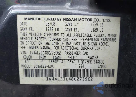 2008 Nissan Altima 2.5 S из США, поврежденный, VIN 1N4AL21E48C273962